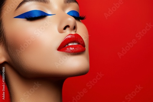 Bold Makeup Look Featuring Vibrant Blue Eyeliner and Classic Red Lips Against a Striking Red Background for Fashion or Beauty Themes photo