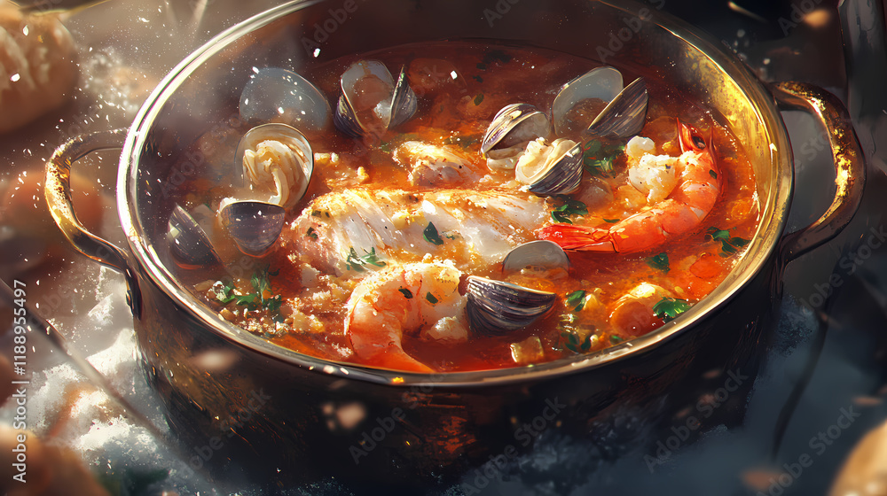 A seafood stew simmering with clams, shrimp, and fish in a broth, releasing a savory, coastal aroma. Seawood. Illustration A seafood stew simmering with clams, shrimp, and fish in a broth, releasing a savory, coastal aroma. Seawood. Illustration