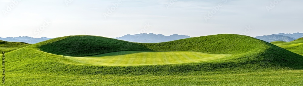 Serene Golf Course Landscape with Rolling Green Hills and Scenic Mountain Background Serene Golf Course Landscape with Rolling Green Hills and Scenic Mountain Background