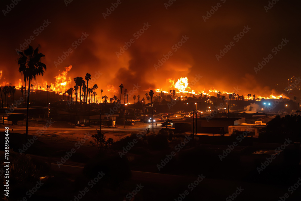 A night scene in Los Angeles, California, where wildfires are raging. A city on fire. The neighborhood is engulfed in flames, and the embers illuminate the thick smoke filling the sky.
