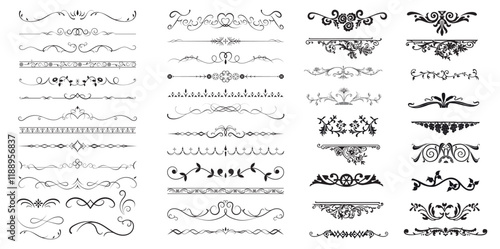Set of text delimiters. Decorative swirls, vintage dividers. Retro vector illustration. Calligraphic design elements..eps