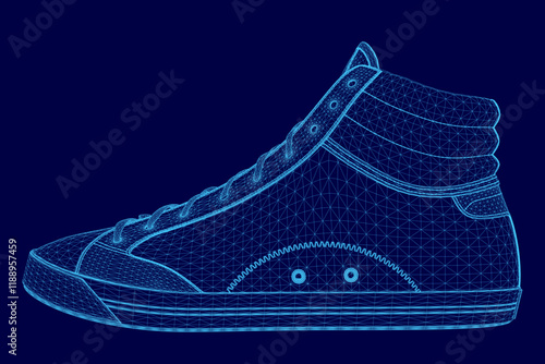 Shoe is shown in a blue color. The shoe is a sneaker and is shown in a 3D form