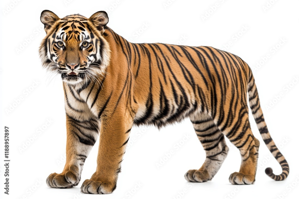 Obraz premium A majestic tiger stands confidently, showcasing its vibrant orange coat and distinctive black stripes against a white background.