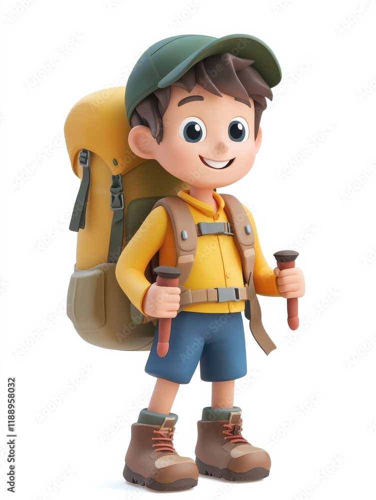 3D cartoon boy hiking with backpack in detailed cartoon style on white background illustration 3D cartoon boy hiking with backpack in detailed cartoon style on white background illustration