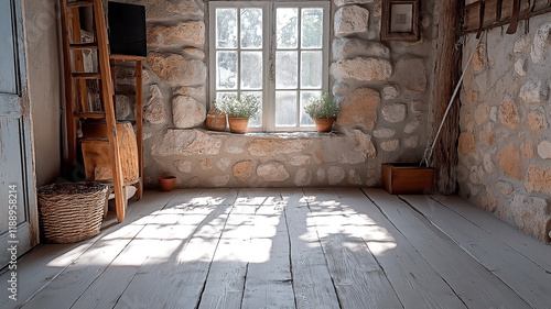 A rustic interior with sunlight streaming through a window, showcasing natural stone walls and wooden floors. Concept of simplicity and rural living. photo