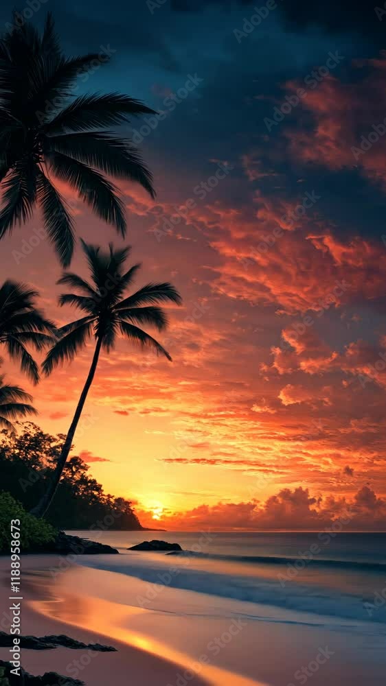 Stunning sunset over ocean with palm trees silhouetted against vibrant sky in tropical paradise