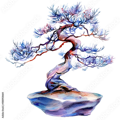 A watercolor vector painting of a tamarisk tree, isolated on a white background. Tamarisk tree vector.


