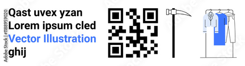 Text sentences next to a QR code, a scythe, and a clothes rack display. Ideal for apps, utilities, agriculture, fashion, digital content graphical design e-commerce. Landing page