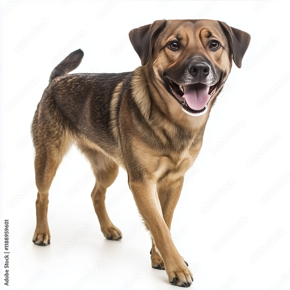 Obraz premium full body dog. lab mix. walking to the right. happy. isolated on white 