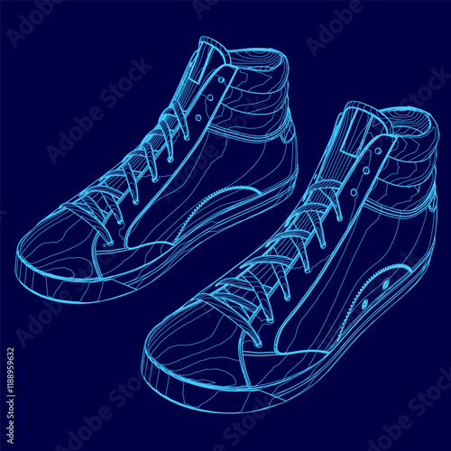 Pair of blue sneakers with a stripe on the side. The shoes are drawn in a stylized way, giving them a 3D appearance