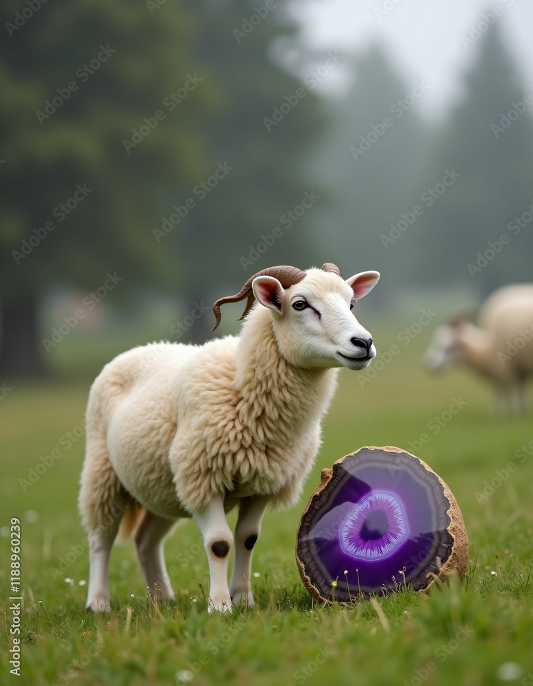 Fototapeta premium A sheep in the woods next to a purple color orb