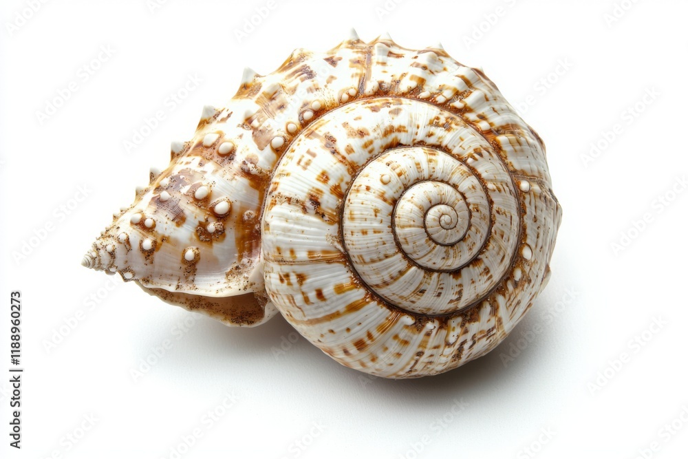 A beautifully detailed seashell with a spiraled shape and textured surface, showcasing natural patterns in white and brown hues. A beautifully detailed seashell with a spiraled shape and textured surface, showcasing natural patterns in white and brown hues.