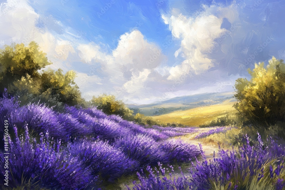 Fototapeta premium Lavender Fields Rolling Hills Sunny Sky Landscape