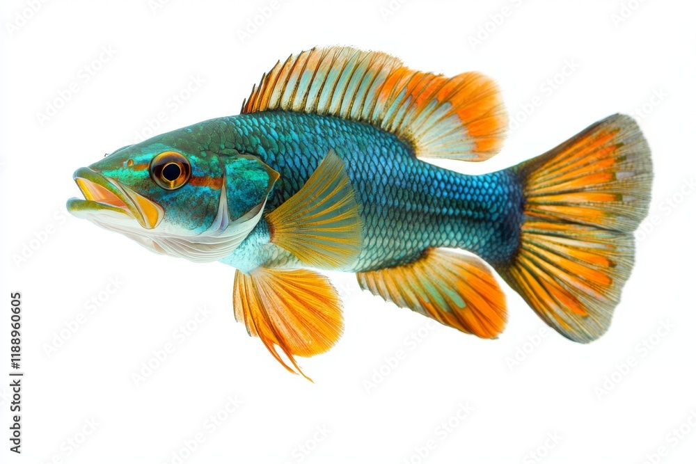 A vibrant fish with bright orange and blue scales, showcasing intricate fins and a dynamic shape, swimming against a plain white background. A vibrant fish with bright orange and blue scales, showcasing intricate fins and a dynamic shape, swimming against a plain white background.