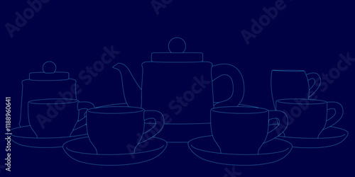 Blue background with a row of teapots and cups. The teapots are all different sizes and shapes, and the cups are placed in front of them. Scene is cozy and inviting