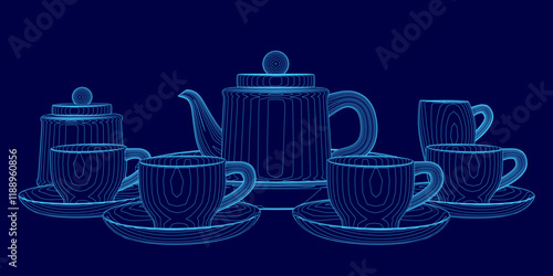 Blue image of a tea set with a teapot, cups, and saucers. The teapot is positioned in the center of the image, with cups and saucers surrounding it