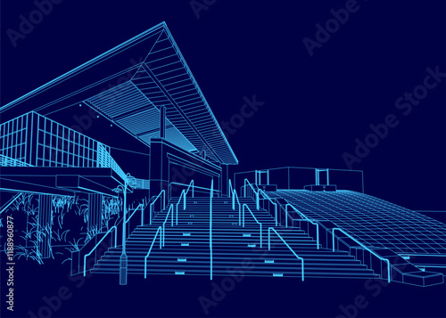 Blue drawing of a building with stairs and a ramp. The building is a large, modern structure with a lot of windows. Scene is one of sophistication and elegance, with the blue