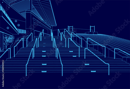 Blue image of a stadium with stairs and railings. The image is in blue and has a futuristic feel to it