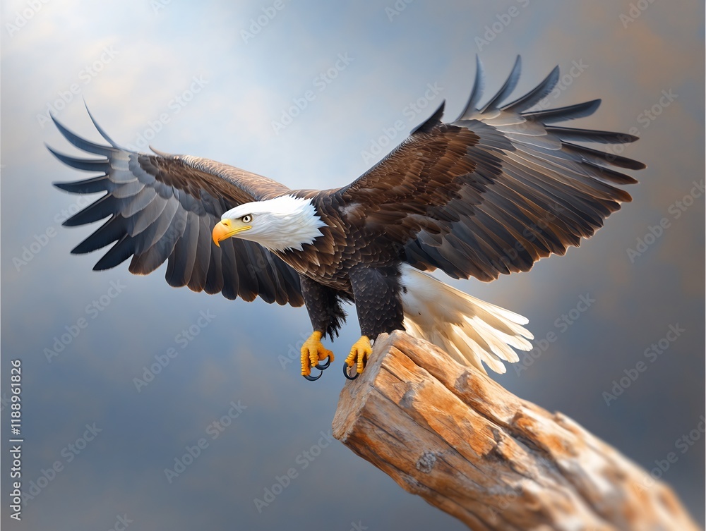 Fototapeta premium Majestic eagle landing softly on weathered wood dramatic light. AI Generated