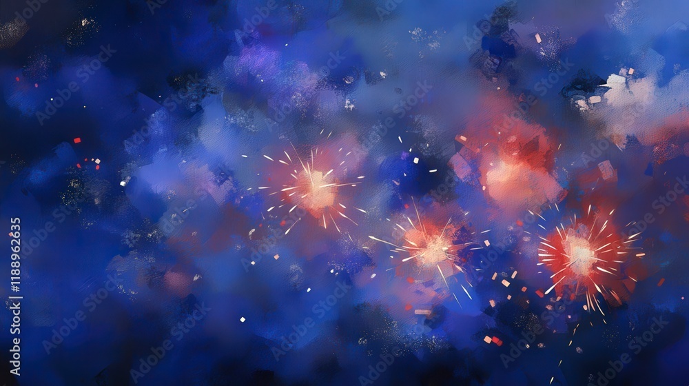 Fototapeta premium Vibrant Colorful Fireworks Display Over a Night Sky with Hues of Blue and Red in Abstract Artistic Style, Capturing the Joy of Celebration and Festivities