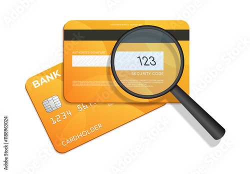 Close up of security code on back of credit bank card using magnifying glass, vector illustration.