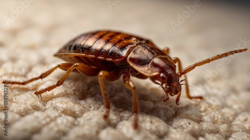 Bedbug Close up of Cimex hemipterus - bed bug on bed background  photo