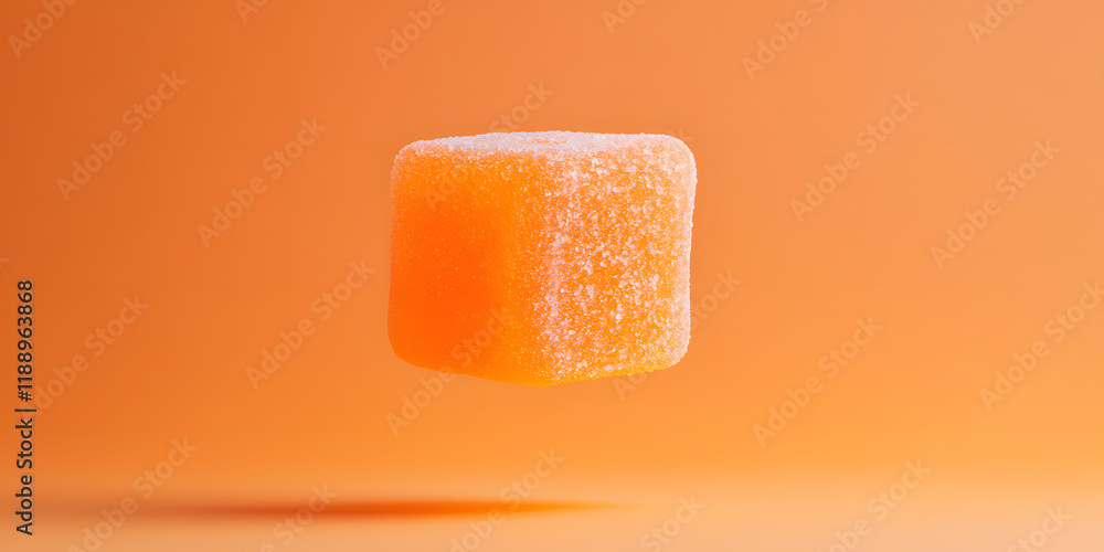 A single, orange, cube-shaped jelly candy floats against a matching orange background. The candy appears dusted with sugar. A single, orange, cube-shaped jelly candy floats against a matching orange background. The candy appears dusted with sugar.