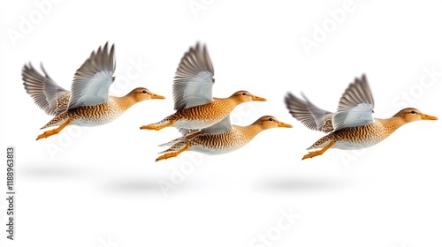 Graceful ducks soar elegantly against bright white background. AI Generated