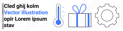 Thermometer indicating temperature, gift box with ribbon, and gear. Ideal for business, industry, mechanics, manufacturing, gift-giving presentations data visualization. Landing page