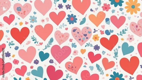 Diseño ilustrativo de corazones y flores en tonos pastel con fondo blanco