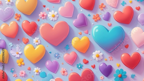 Fondo de corazones y flores coloridas en estilo 3D para diseño gráfico y decoraciones