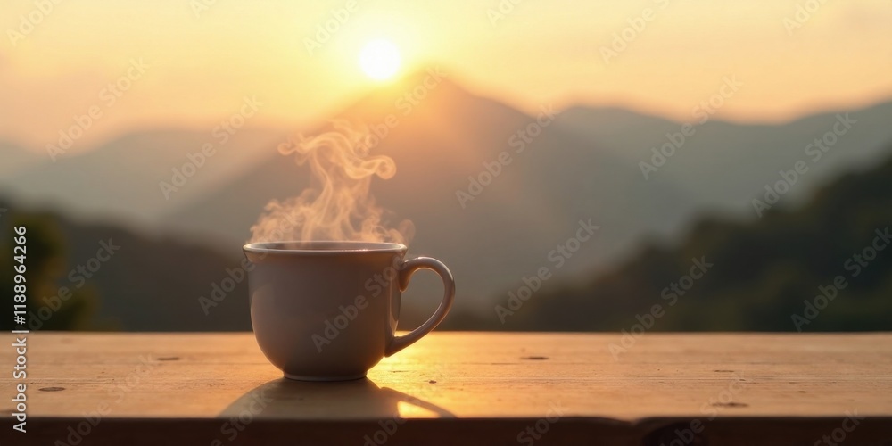 Serene Sunrise A Warm Mug of Coffee on Wooden Tabletop, Enjoying the Breathtaking Mountain View at Dawn Serene Sunrise A Warm Mug of Coffee on Wooden Tabletop, Enjoying the Breathtaking Mountain View at Dawn