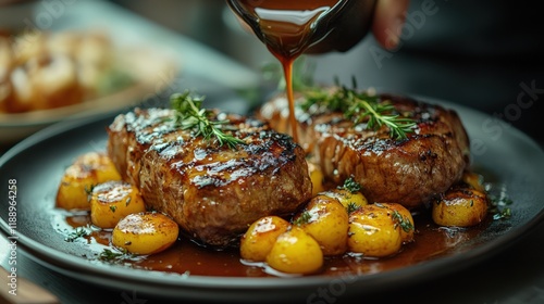 Grilled steak with roasted potatoes and sauce being poured.
