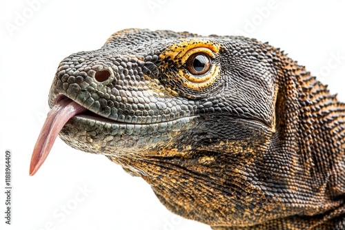 A close-up of a Komodo dragon showcasing its textured skin and distinctive features, including a flicking tongue. photo