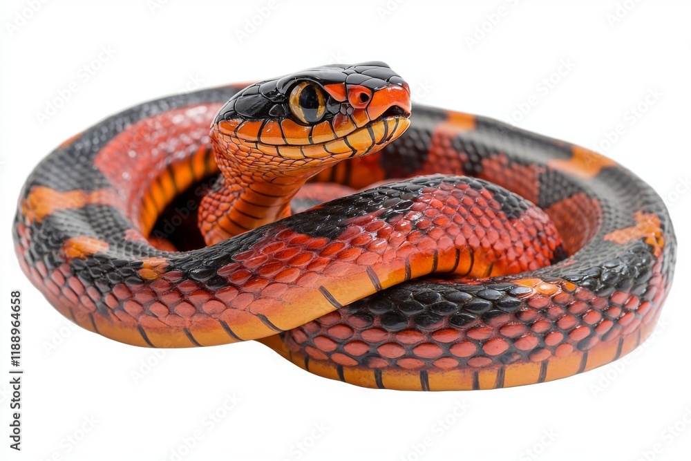 Obraz premium A vibrant snake with striking red and black patterns, coiled elegantly, showcasing its unique coloration and smooth scales.