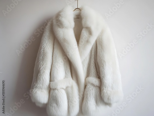 Classic white fur coat hanging on hanger, clean white backdrop,