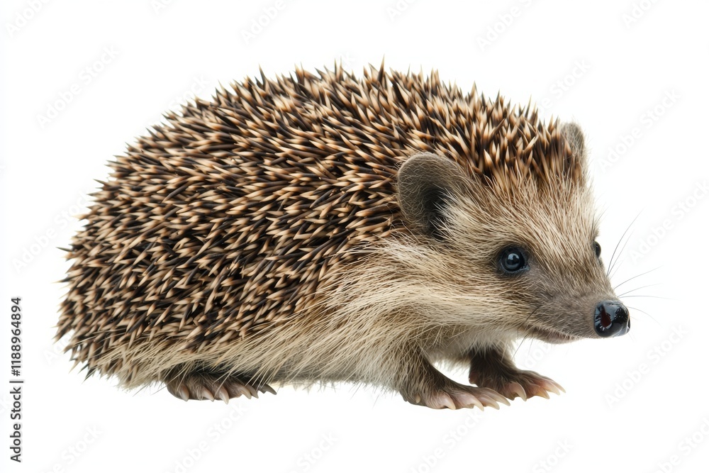 Fototapeta premium A cute hedgehog with spiky fur stands side-on, showcasing its small ears and pointed snout against a white background.