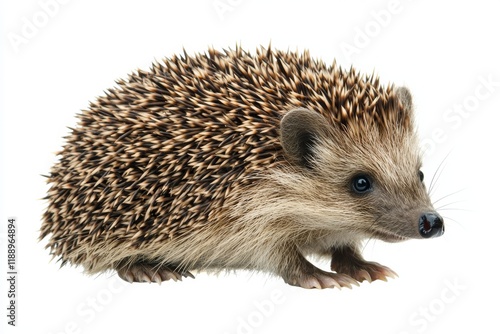 A cute hedgehog with spiky fur stands side-on, showcasing its small ears and pointed snout against a white background.
