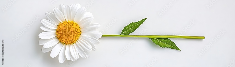 Elegant White Daisy Flower with Yellow Center and Green Leaves on Simple Background Elegant White Daisy Flower with Yellow Center and Green Leaves on Simple Background