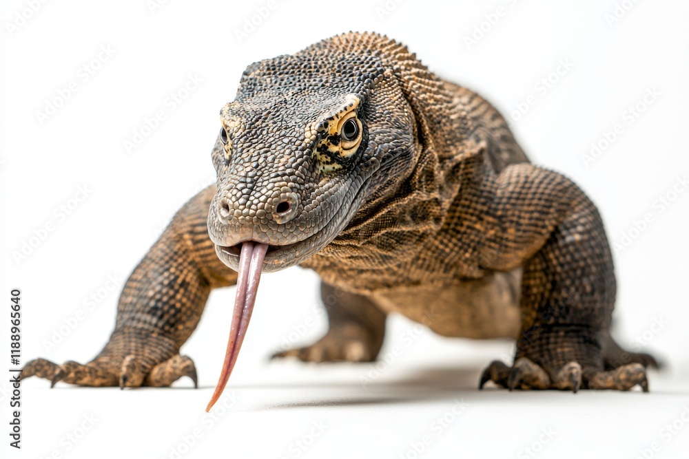 Obraz premium A close-up of a Komodo dragon with its tongue out, showcasing its detailed texture and striking features against a plain background.