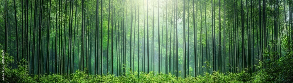 Fototapeta premium Lush Green Bamboo Forest Bathed in Soft Light with Misty Background and Tall Stalks