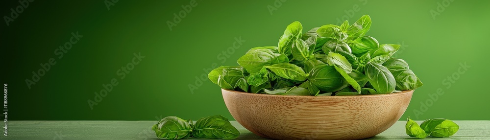 Fresh Green Basil Leaves in Wooden Bowl on Green Background with Selective Focus Fresh Green Basil Leaves in Wooden Bowl on Green Background with Selective Focus