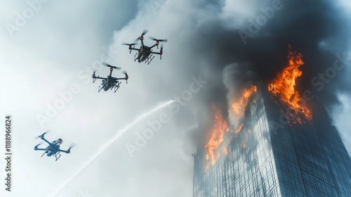 Robotic firefighting drones combat blazing skyscraper inferno. Drones equipped with water cannons extinguish flames. Huge billowing smoke rises from burning building. Emergency response uses tech to photo