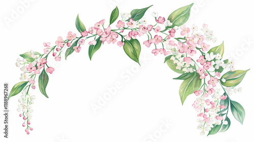 Fototapeta Naklejka Na Ścianę i Meble -  Watercolor illustration of a crescent wreath with pink hawthorn and lily of the valley flowers on a white background, perfect for spring and floral designs generative ai. Thornpath. Illustration