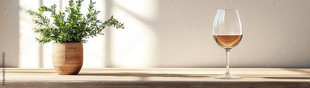 Fototapeta premium Elegant Glass of White Wine with Green Plant on Wooden Table Capturing Warm Natural Light