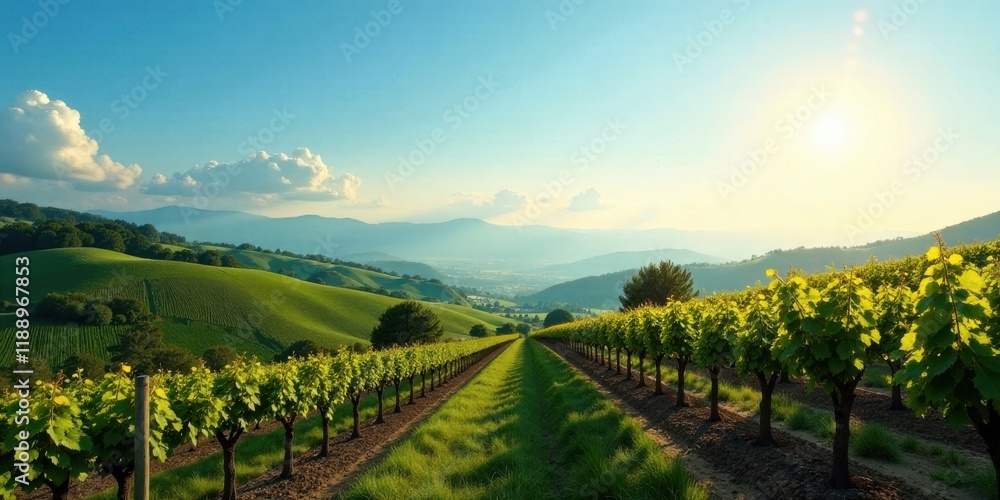 Naklejka premium Serene Vineyard Landscape at Golden Hour, Rows of Lush Grapevines Stretching Towards Distant Mountains Under a Clear Sky