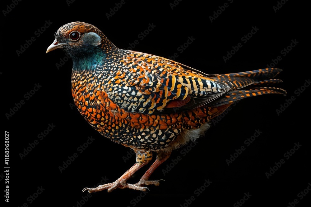 Obraz premium A colorful bird with intricate feather patterns, showcasing vibrant hues of orange, blue, and green against a black background.