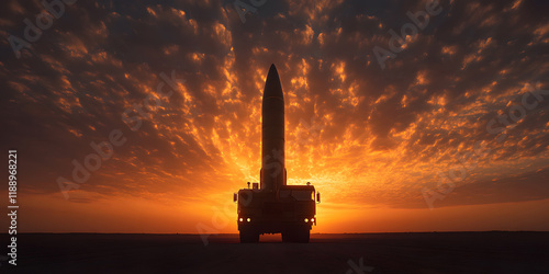 Silhouetted missile on a transporter-erector-launcher (TEL) against a vibrant sunset. photo