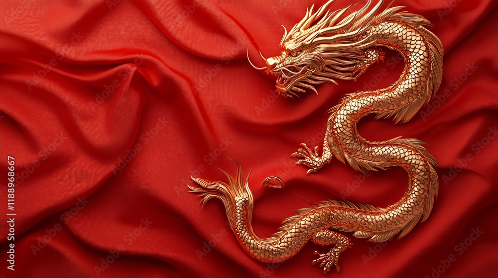 Fototapeta premium Lunar New Year background. Chinese dragon, folding paper fans, sakura on red background. Flat lay, top