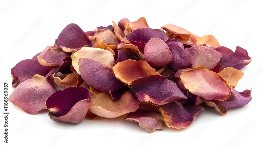 Dried Rose Petals: Burgundy, Peach, and Pink Hues, Close-up Studio Shot of Delicate Flower Petals Isolated on White Background, Perfect for Romantic Dried Rose Petals: Burgundy, Peach, and Pink Hues, Close-up Studio Shot of Delicate Flower Petals Isolated on White Background, Perfect for Romantic